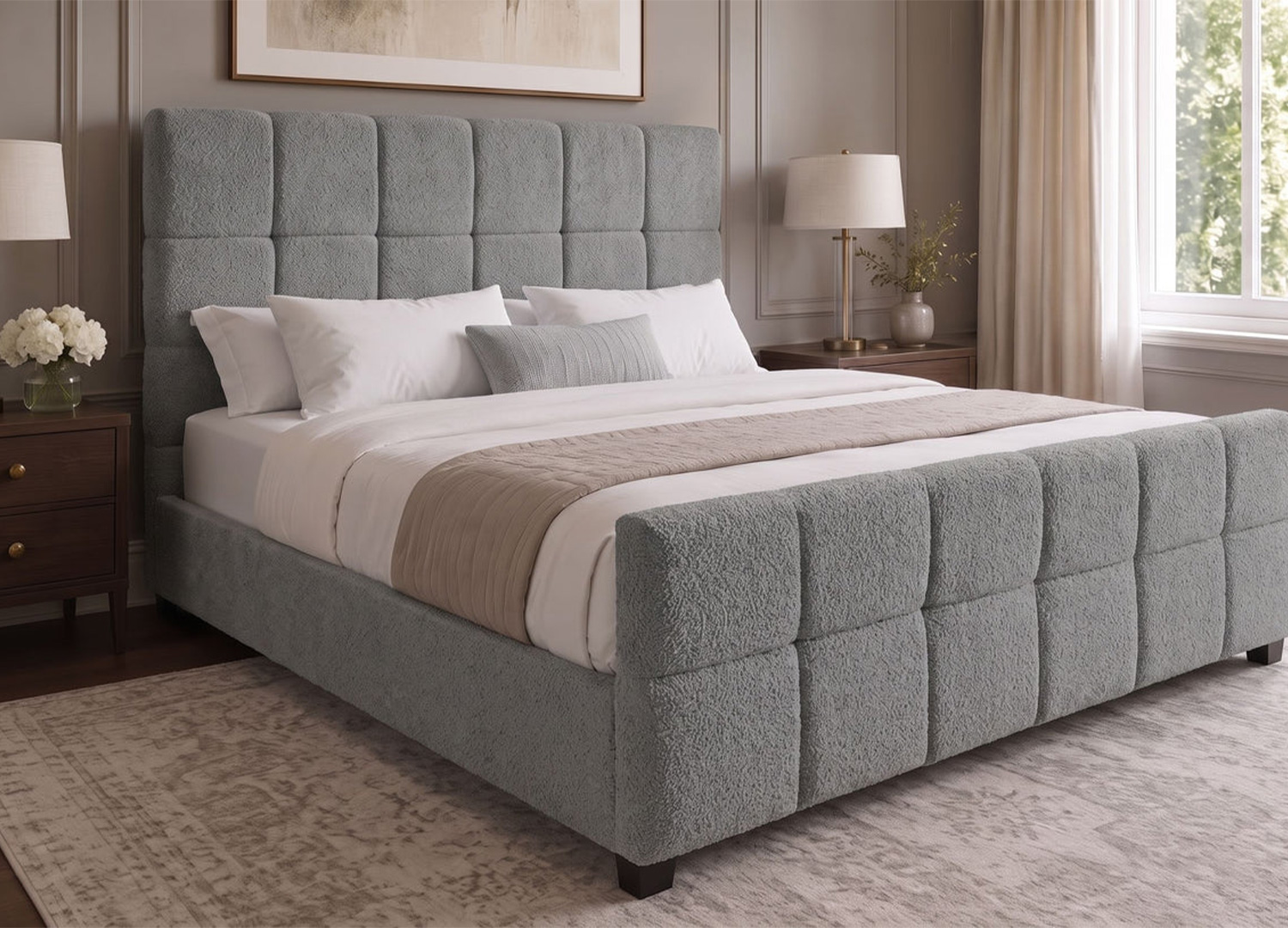 Lit double MÉRÉA 180 × 200 cm en tissu bouclé gris installé dans une chambre moderne