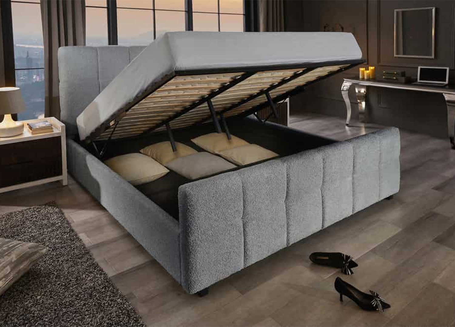 Lit coffre MÉRÉA 180 × 200 cm ouvert avec sommier relevable et espace de rangement intérieur