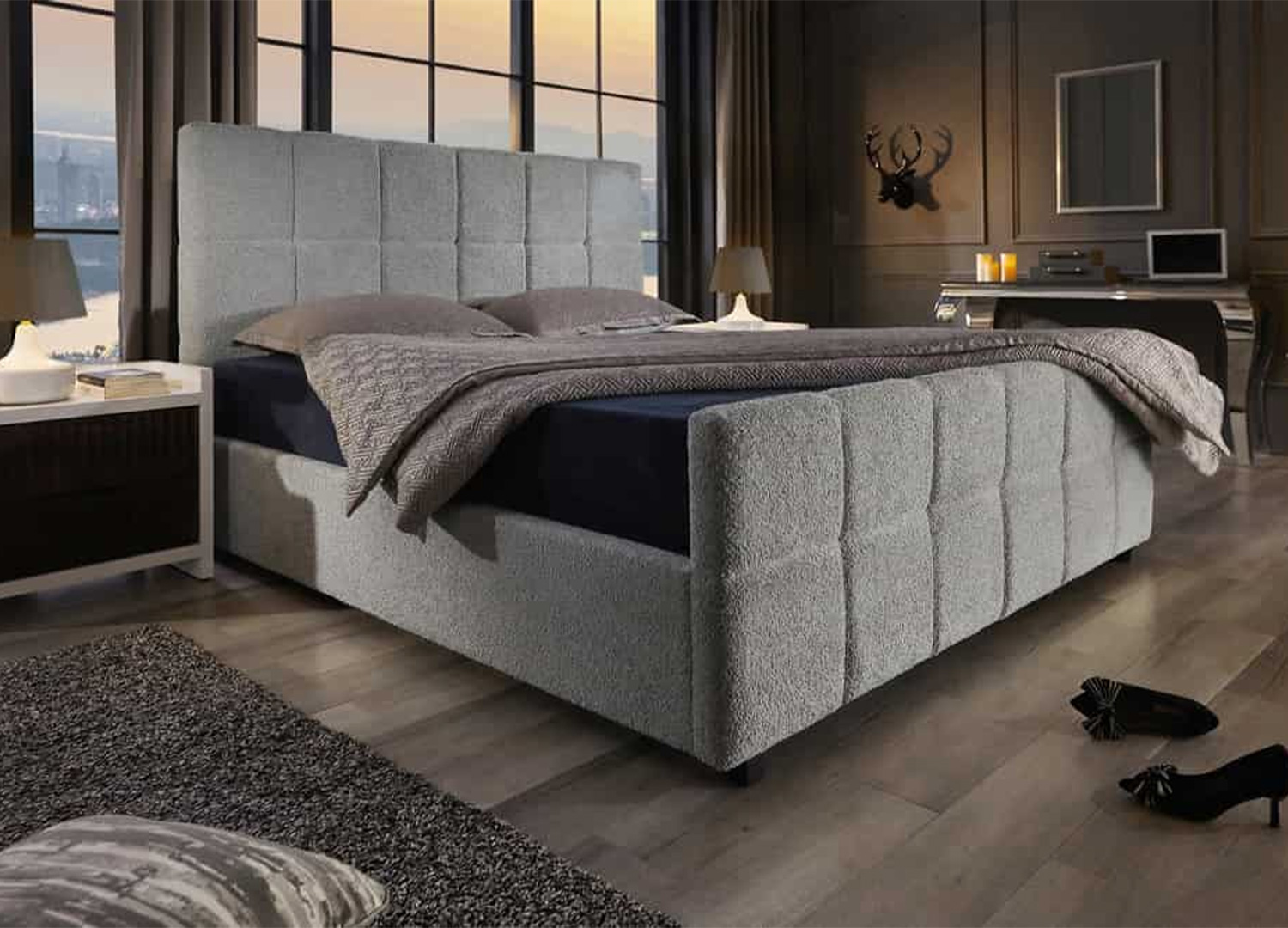 Lit coffre MÉRÉA 180 × 200 cm en bouclé gris avec sommier à lattes sur fond blanc
