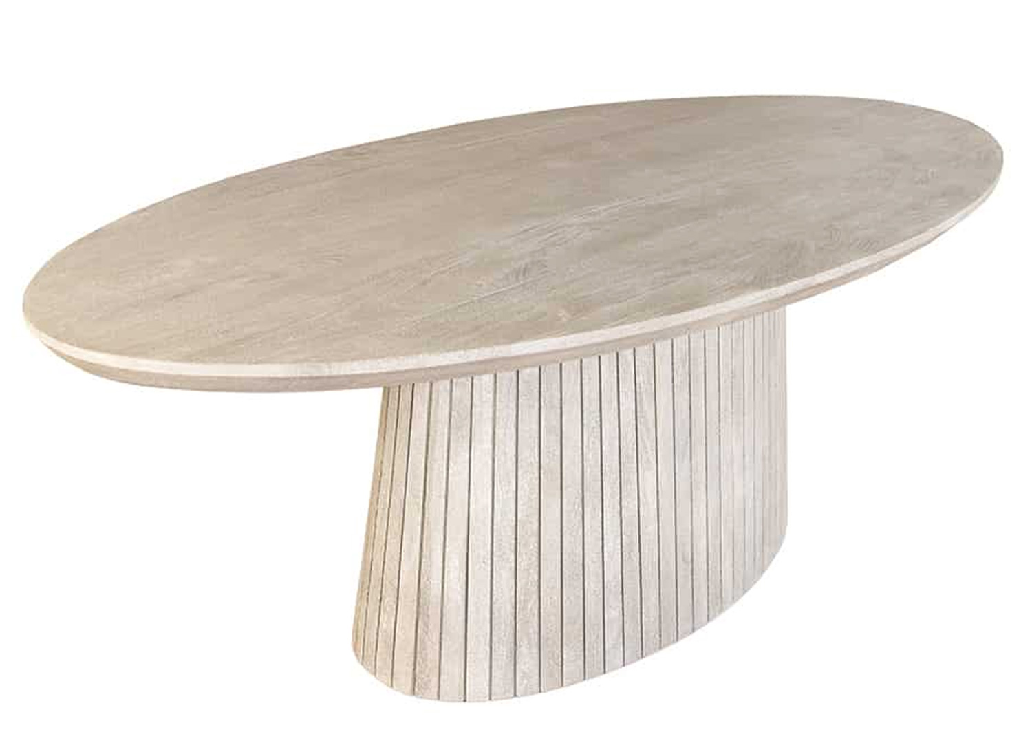 Table à manger ovale SÉVÉRIA 220 cm en manguier massif gris fumé avec pied central sur fond blanc